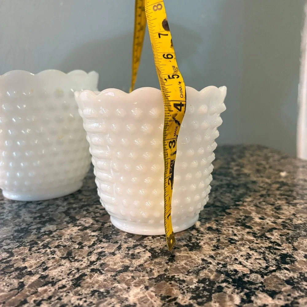 Vintage Fenton Milk Glass Hobnail Planter Set White Scalloped Rim 2 Piece